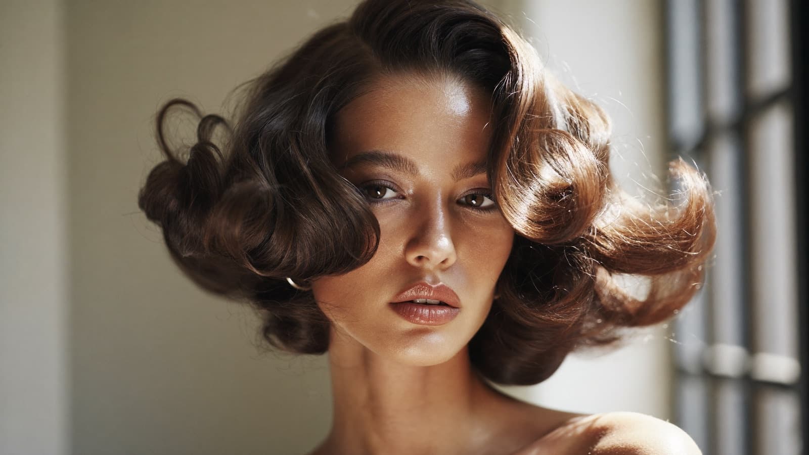 Donna con piega voluminosa e capelli lucidi